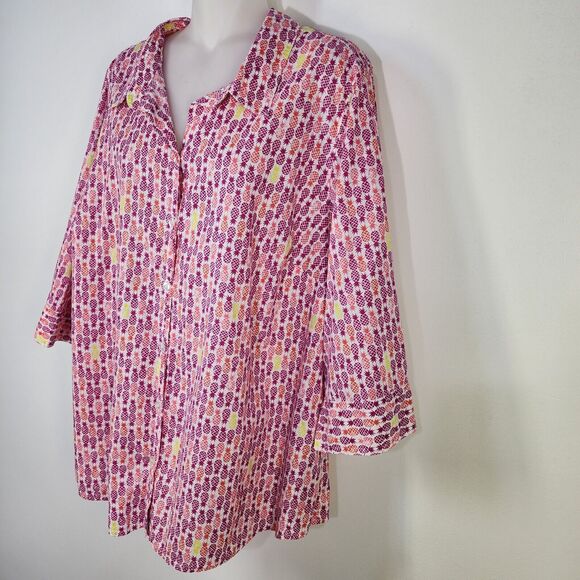 Catherines Shirt Top Womens Size 1X White Pink Pineapple Button Front 3/4 Sleeve - Picture 6 of 11